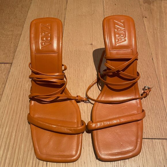 ZARA Heels Tied Lace up Strappy Sandals Orange 39/8.5 - Picture 2 of 5